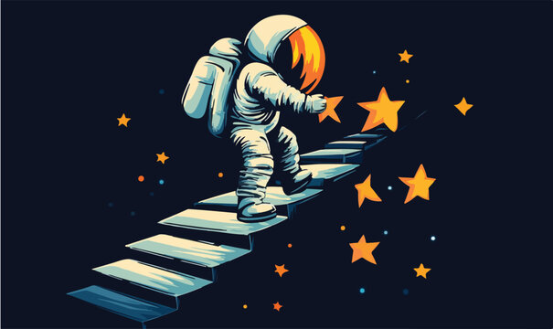 Astronaut climbing star steps toward cosmic achievement, reaching for aspirations in vibrant space