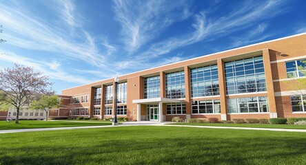 Obraz premium Modern Institutional Building Exterior with Brick Facade Large Windows Lush Green Lawn and B