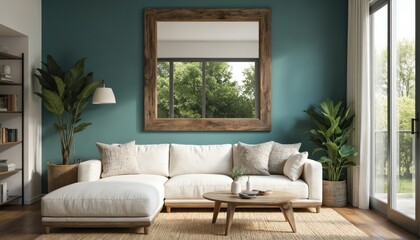 Modern living room features sectional sofa, round wood coffee table, large mirror reflecting abundant natural light from window. Teal walls complement beige rug, potted plants, creating serene,