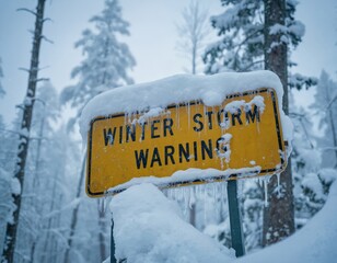 Yellow winter storm warning sign covered in snow and icicles in a cold forest setting. Ideal for themes of extreme weather, travel safety, and wilderness conditions.
