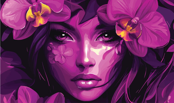 Captivating portrait of a woman adorned with vibrant purple orchids, evoking beauty and mystique