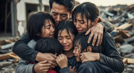 Fototapeta premium Tsunami Survivor Family Hugging Among Ruins Showing Grief and Hope after Disaster