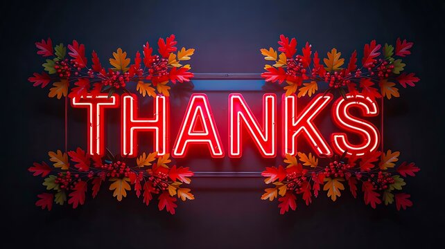 Neon thanks text with autumn leaves decoration