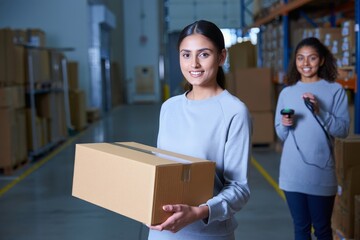 Stockroom workers managing inventory in warehouse with barcode scanner and package