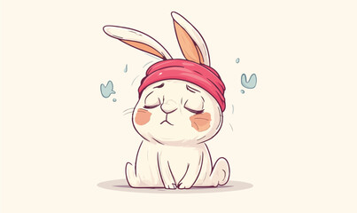 Sad cartoon bunny with a pink headband looking exhausted and overwhelmed, isolated on a pale background.