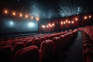 Inside view of a classic theater with burgundy velvet seats and stage curtain illuminated by warm light