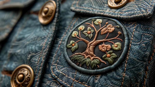 Close-up shot of a denim jacket detail with ornate buttons and a floral embroidered emblem