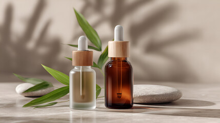 Aesthetic still life of skincare dropper bottles on a marble surface with foliage and smooth stones.
