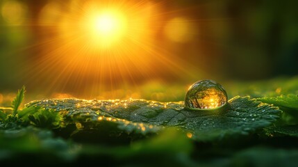 Sunrise reflected in a dewdrop on a leaf.