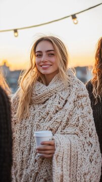 Young woman smiling while wearing crochet shawl at rooftop sunset party  