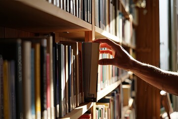 Searching for knowledge hand selecting book from library bookshelf collection