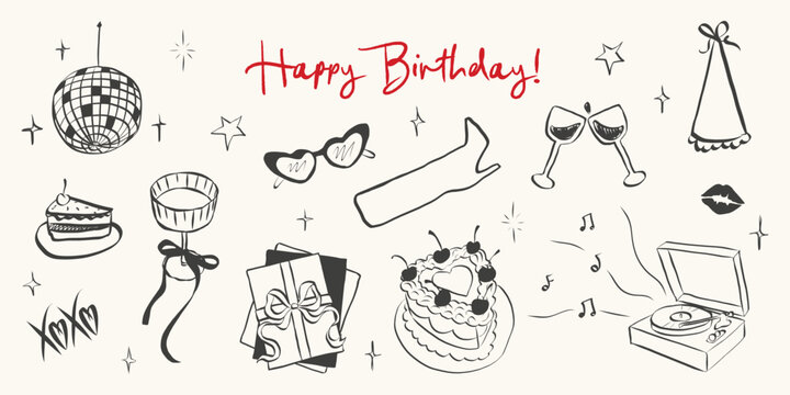 Birthday party set in hand drawn coquette style. Whimsical chalk doodles for girls bachelorette. Crayon drawing for menus and invitations. Doodle vector illustration - Powered by Adobe