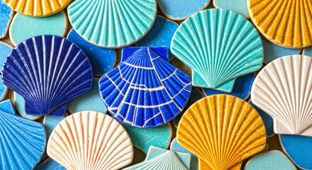 Colorful Seashells Mosaic Tile Arrangement for Background Design