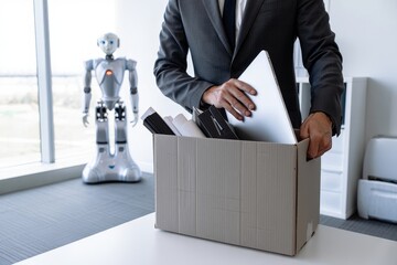 Job loss due to automation concept businessman packing belongings robot in background