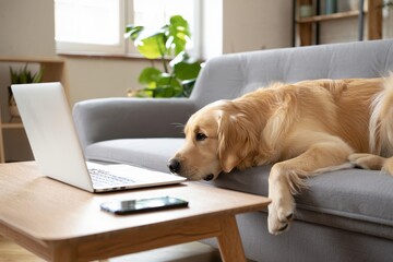 Golden retriever dog relaxing on sofa with laptop and phone home office concept work