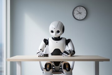 Robotics automation ai assistant: humanoid robot working at desk in modern office