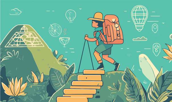 Adventurous hiker ascends stairs on a vibrant journey towards discovery and new ideas