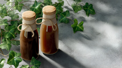 Craft beverage bottles. Natural light casts shadows on these drinks, framed by vibrant ivy.