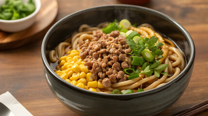 Fototapeta premium Warm, savory bowl of udon noodles with seasoned ground meat, corn, and fresh scallions