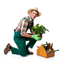 Professional gardener holding plant in pot with gardening tools on white background