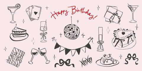 Birthday party set in hand drawn coquette style. Whimsical chalk doodles for girls bachelorette. Crayon drawing for menus and invitations. Doodle contour vector illustration