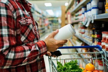 Man shopping for groceries reading label in supermarket aisle consumerism concept