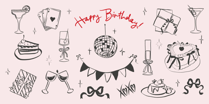 Birthday party set in hand drawn coquette style. Whimsical chalk doodles for girls bachelorette. Crayon drawing for menus and invitations. Doodle contour vector illustration