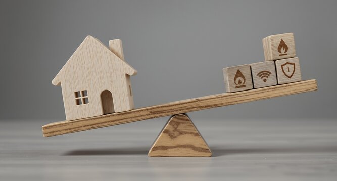 Wooden house on scale balancing with fire internet and security icons Home value risk and