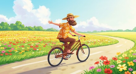 Obraz premium A happy bearded man in a straw hat enjoying a scenic bicycle ride through a vibrant field of flowers on a sunny summer day.