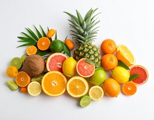 A tropical fruit arrangement featuring pineapple, coconut, oranges, lemons, limes, and grapefruit, accented with palm leaves