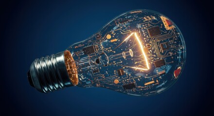 Conceptual image of a lightbulb transforming into a complex circuit board, representing ideas evolving into technology, high detail
