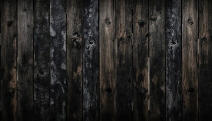 Naklejka premium Dark, charred wood planks exhibit vertical lines and rough, weathered texture. Distressed wooden surface features grunge, aged, and rustic appearance with natural grain details and uneven shadows.