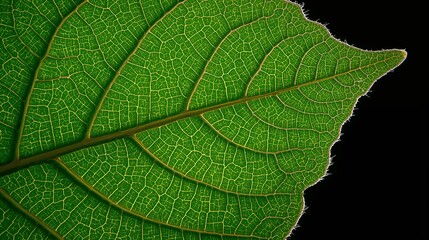 Obraz premium Close-up of a vibrant green leaf, revealing intricate details and textures against black.