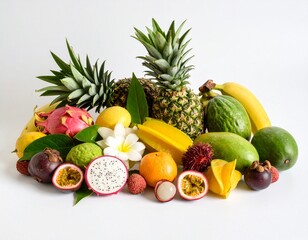 An exotic fruit display featuring pineapple, bananas, dragon fruit, rambutan, mango, starfruit, and mangosteen