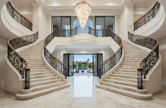 Grand foyer of luxury modern home featuring dual marble staircases with ornate wrought iron railings. Elegant chandelier hangs above. Bi-fold doors open to a view of a pool and garden.