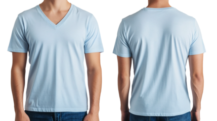 Man wearing a light blue V-neck t-shirt shown from front and back views, isolated on transparent background