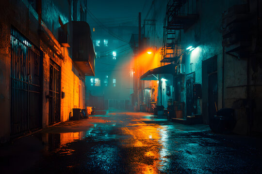 Dark downtown back alley at night after raining. Urban back street with atmospheric lighting and soggy street. Inner city dark alleyway. Urban decay and weathered architecture. Generative AI