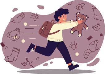 Child running joyfully holding teddy bear in playful cartoon style vector illustration for kids and childhood themes 