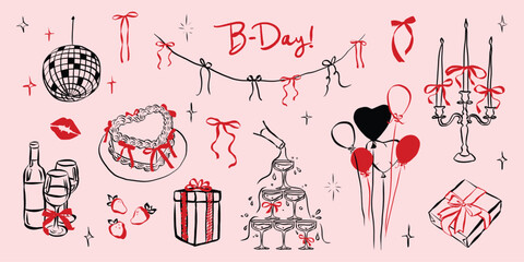 Birthday party set in hand drawn coquette style. Whimsical chalk doodles for girls bachelorette. Crayon drawing for menus and invitations. Doodle scribble vector illustration