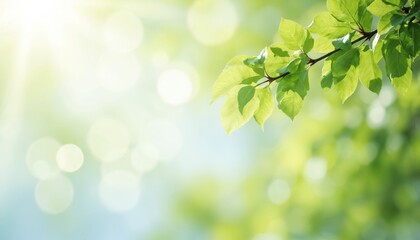 Obraz premium Sunlight filters through vibrant green tree leaves on a branch. Soft bokeh lights create a dreamy atmosphere. Fresh foliage suggests spring or summer season, perfect for nature themes.