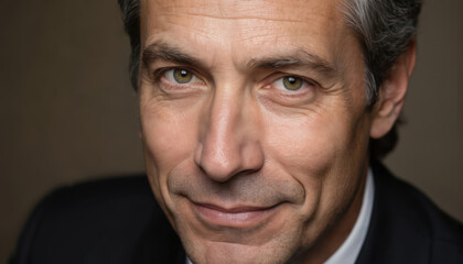 Fototapeta premium Mature man with warm smile, grey hair, distinguished wrinkles. Confident, friendly expression in sharp studio portrait suggests leadership, success. Headshot conveys approachability, trustworthiness