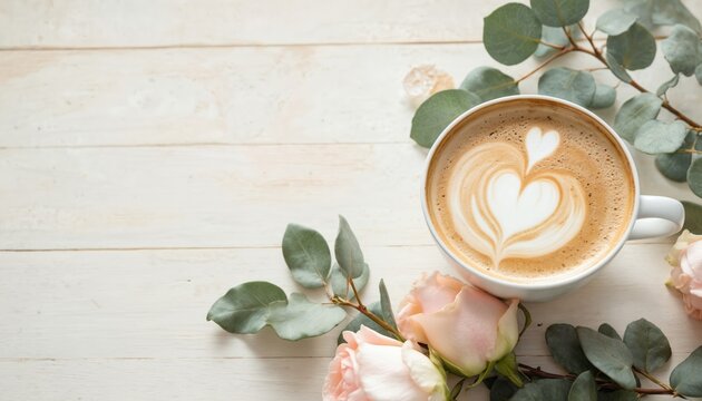 Cozy white cup of coffee with latte art heart design. Creamy foam beverage on wooden table with pink roses, eucalyptus leaves. Warm drink inspiration for cafes, romantic mornings, or peaceful rituals.