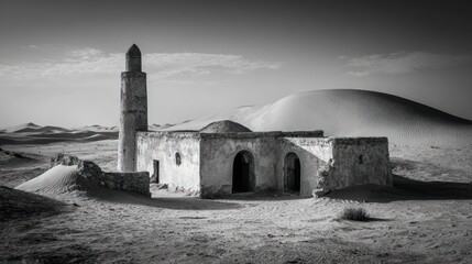 Deserted monochrome building with a spire, nestled in sand dunes under a bright sky