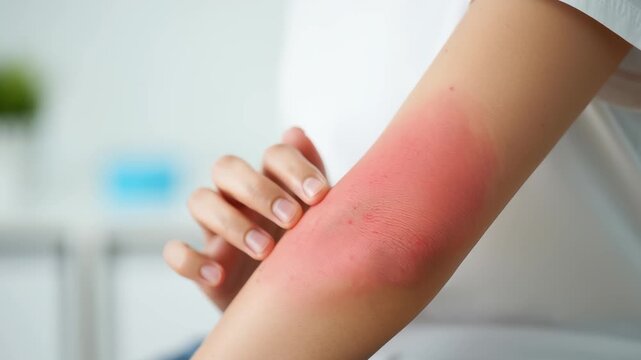 Skin rash, allergic reaction, red irritated arm, eczema flare-up, psoriasis symptoms, inflammation zone, dermatological condition, itching episode, medical skin issue, visible irritation
