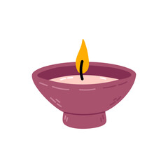 Minimal decorative candle in a burgundy wax bowl with a glowing flame