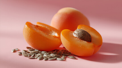 Still life featuring ripe apricots, one halved to reveal the pit, with scattered apricot kernels.
