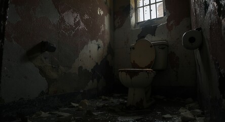 Gritty Dilapidated Bathroom Interior with Peeling Walls Stained Toilet and Barred Window Lig