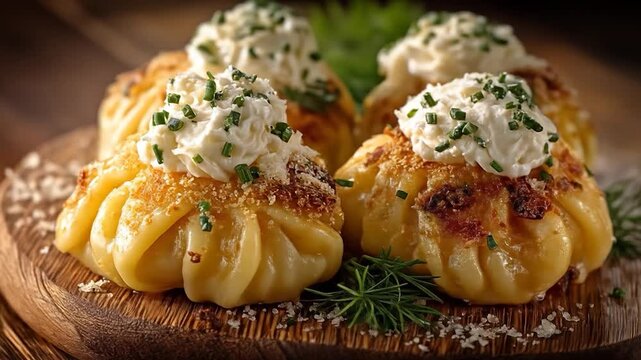 Delightful Dumplings: A close-up view captures a quartet of golden-brown dumplings, each crowned with a dollop of creamy topping, nestled on a wooden platter.
