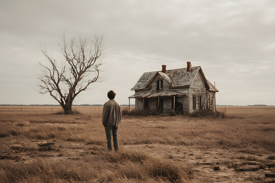 Home Return. Young man stand at the corner of a ravaged house, looking far away for someone. A ghost, desolated house with a dry land and tree.