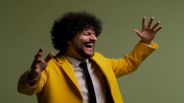A joyous individual in a yellow suit with open arms, smiling widely, against a green background